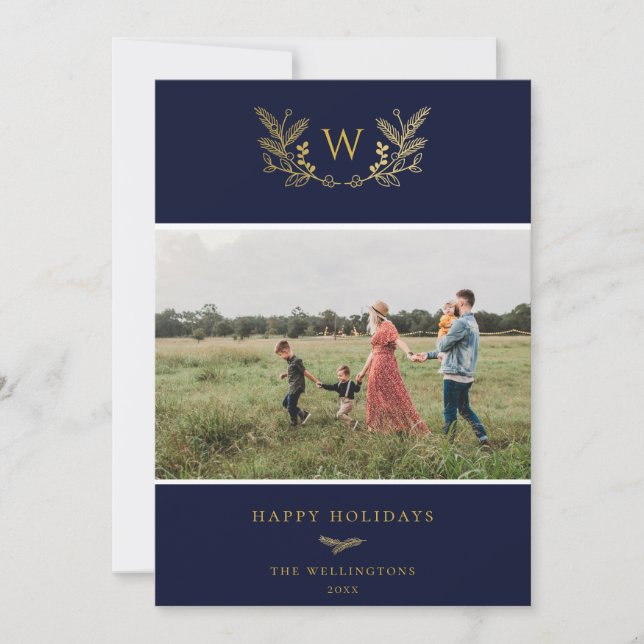 Cartes Pour Fêtes Annuelles Golden Winter Sprigs Monogramme Photo Bleu (Devant)