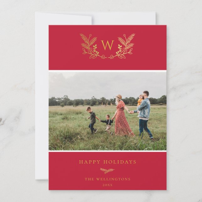 Cartes Pour Fêtes Annuelles Golden Winter Sprigs Monogramme Photo Rouge (Devant)