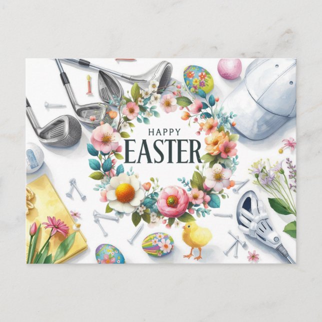 Cartes Pour Fêtes Annuelles Golf easter with golf equipment with flower (Devant)