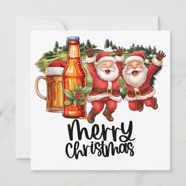 Cartes Pour Fêtes Annuelles Golf Père Noël et bière pour Noël Funny Golfer (Devant)