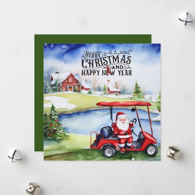 Cartes Pour Fêtes Annuelles Golf Santa Claus pour Noël (Devant/Arrière en situation)