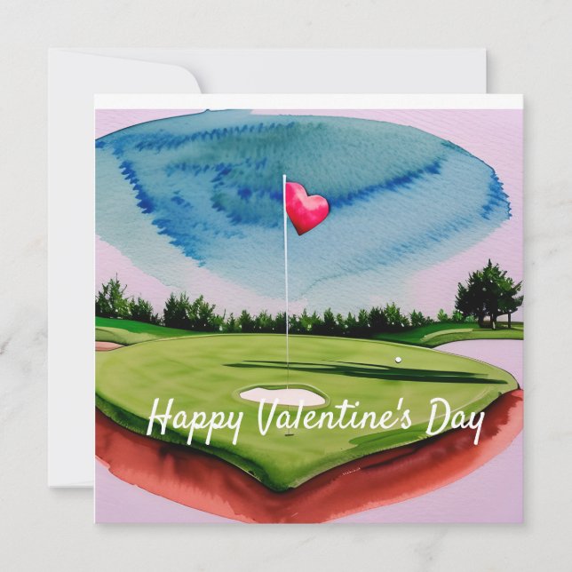 Cartes Pour Fêtes Annuelles Golf Valentine's Day à l'aquarelle de golf (Devant)