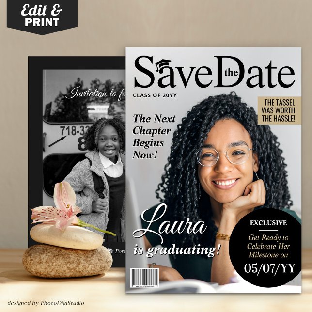 Cartes Pour Fêtes Annuelles Graduation de magazine personnalisé Enregistrer la (Modern Graduation Save the Date, Graduation Magazine Cover  Invite)