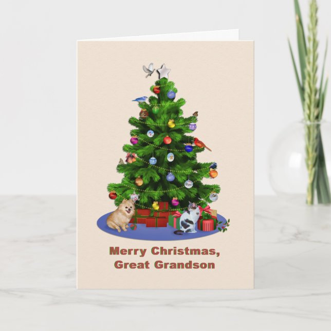Cartes Pour Fêtes Annuelles Grand-fils, Joyeux arbre de Noël, Oiseaux, Chien (Devant)