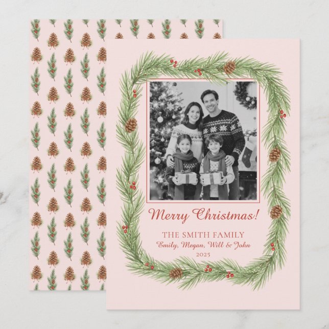 Cartes Pour Fêtes Annuelles Grandmillennial Christmas Garland & Pinecone Photo (Devant / Derrière)
