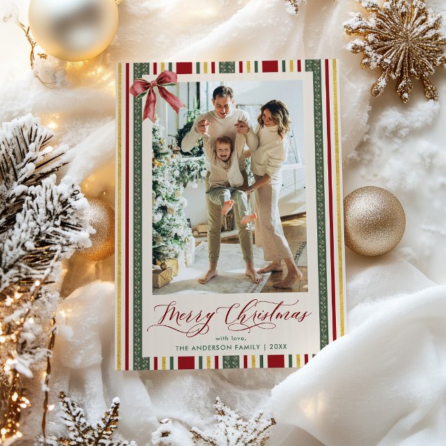 Cartes Pour Fêtes Annuelles Grandmillennial Stripes Bow Joyeux Noël Photo (Créateur téléchargé)