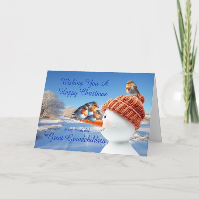Cartes Pour Fêtes Annuelles Grands-enfants Robins et Snowman Noël (Devant)