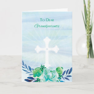 Cartes Pour Fêtes Annuelles Grands-parents Fleurs bleues Turquoises avec Croix