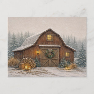 Cartes Pour Fêtes Annuelles Grange de Noël rustique à l'aquarelle neutre chaud