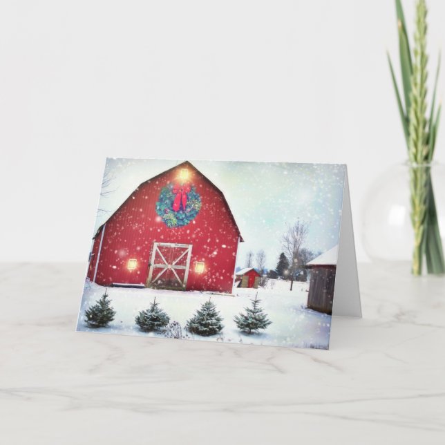 Cartes Pour Fêtes Annuelles Grange rouge avec couronne de Noël (Devant)