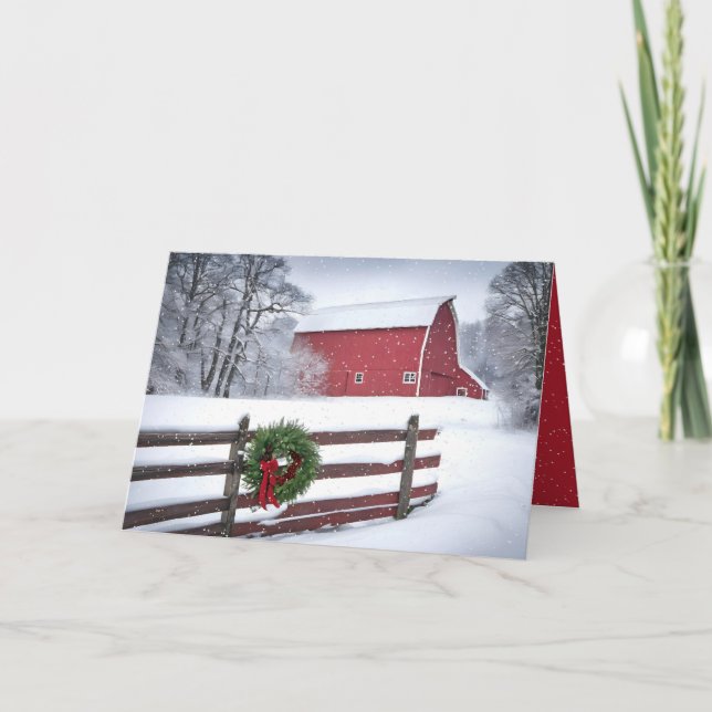 Cartes Pour Fêtes Annuelles Grange Rouge Dans Les Snowflakes Avec Wreath (Devant)