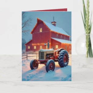 Cartes Pour Fêtes Annuelles Grange rouge de Noël avec tracteur antique