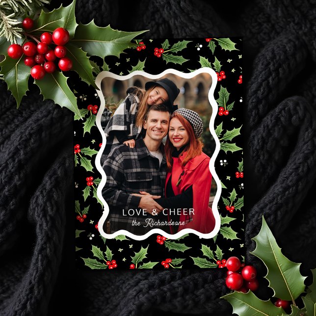 Cartes Pour Fêtes Annuelles Gras Black Christmas Holly Wavy Frame Photo (Créateur téléchargé)