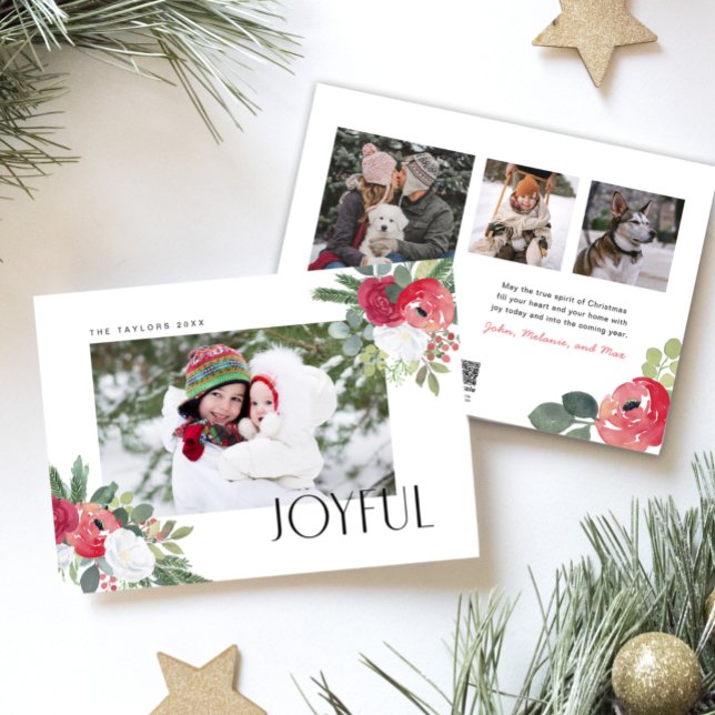 Cartes Pour Fêtes Annuelles Gras Joyful Florals Photo Holiday Card (Créateur téléchargé)