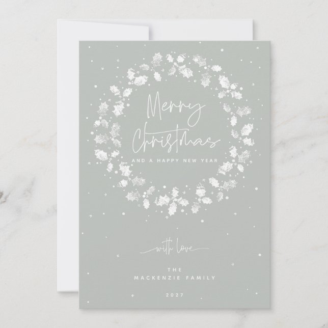 Cartes Pour Fêtes Annuelles Gray Green Joyeux Noël Holly Wreath (Devant)