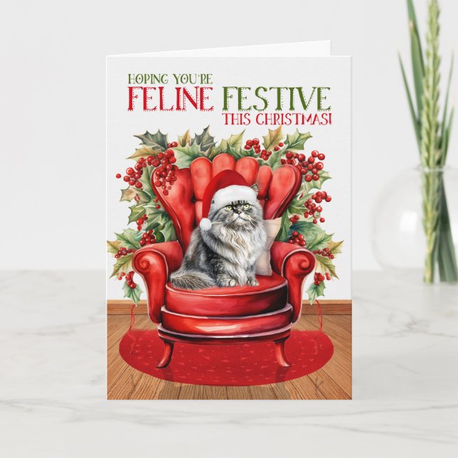 Cartes Pour Fêtes Annuelles Gray Perse Noël Chat FELINE Festive (Devant)