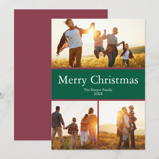 Cartes Pour Fêtes Annuelles Greed Red Cute Family 3 Photo Joyeux Noël (Devant / Derrière)