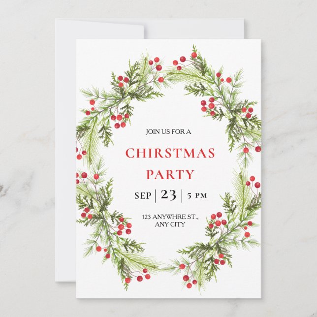 Cartes Pour Fêtes Annuelles Green and Red Holiday Wreath Christmas Party (Devant)