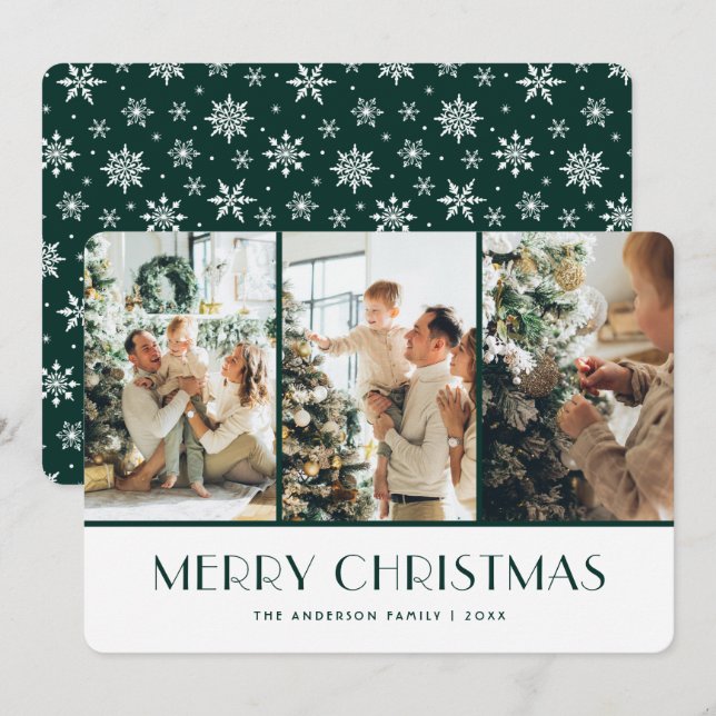 Cartes Pour Fêtes Annuelles Green and White Snowflakes Photo Christmas Card (Devant / Derrière)