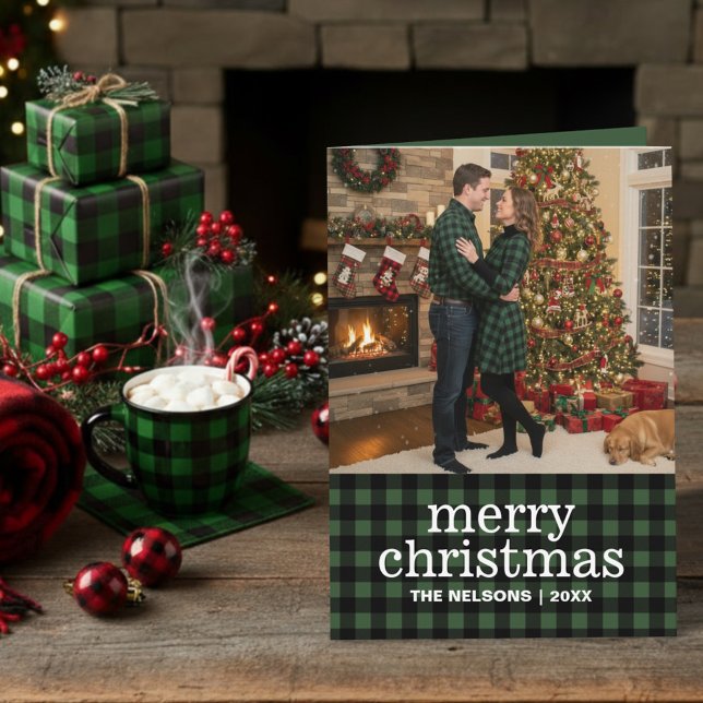 Cartes Pour Fêtes Annuelles Green & Black Buffalo Plaid Merry Christmas Photo  (Créateur téléchargé)