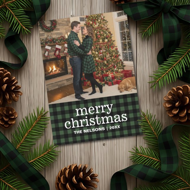 Cartes Pour Fêtes Annuelles Green & Black Buffalo Plaid Merry Christmas Photo  (Créateur téléchargé)