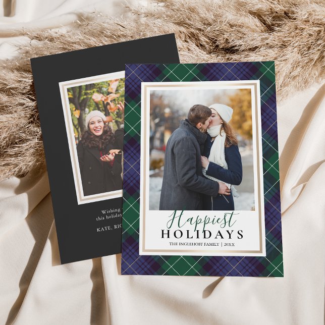 Cartes Pour Fêtes Annuelles Green & Blue Tartan Happest Holidays Photo (Créateur téléchargé)