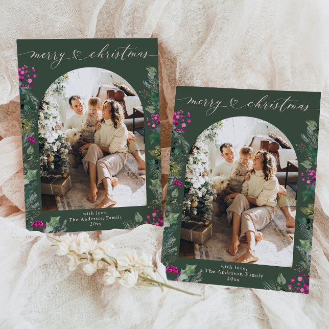 Cartes Pour Fêtes Annuelles Green Bohemian 1 Photo Elegant Christmas Card (Créateur téléchargé)