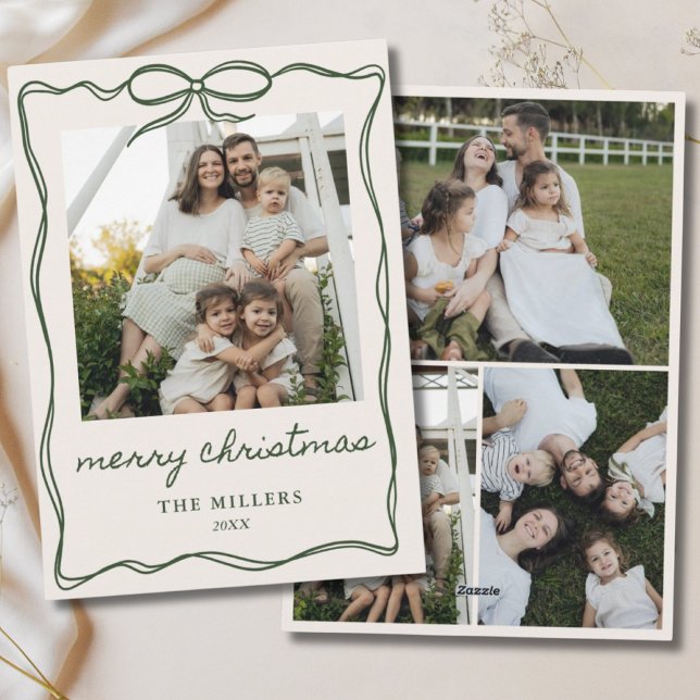 Cartes Pour Fêtes Annuelles Green Bow Joyeux Noël 4 Photo Famille (Green Bow Merry Christmas 4 Photo Family Holiday Card)