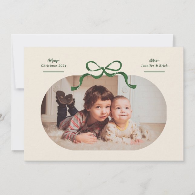 Cartes Pour Fêtes Annuelles Green Bow Merriest Christmas Oval Photo Appartemen (Devant)