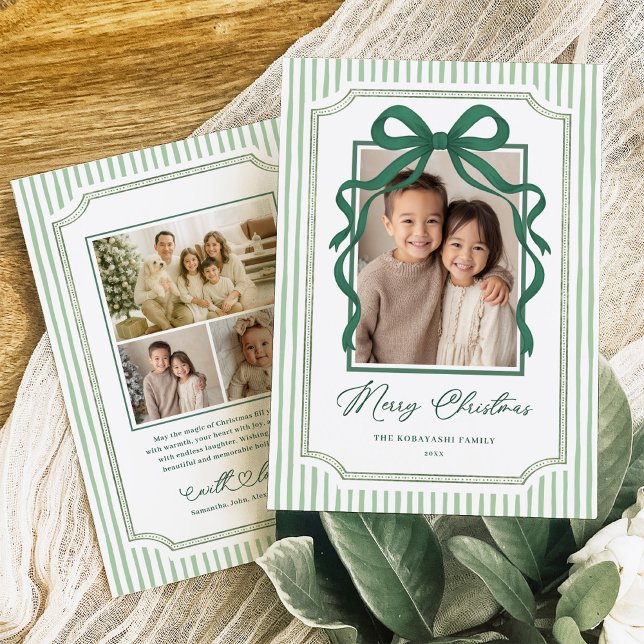 Cartes Pour Fêtes Annuelles Green Bow Stripe Christmas Photo (Créateur téléchargé)
