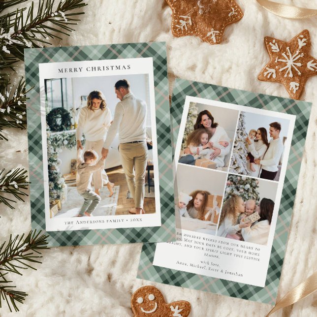 Cartes Pour Fêtes Annuelles Green Buffalo Plaid Photo collage Christmas   (Créateur téléchargé)