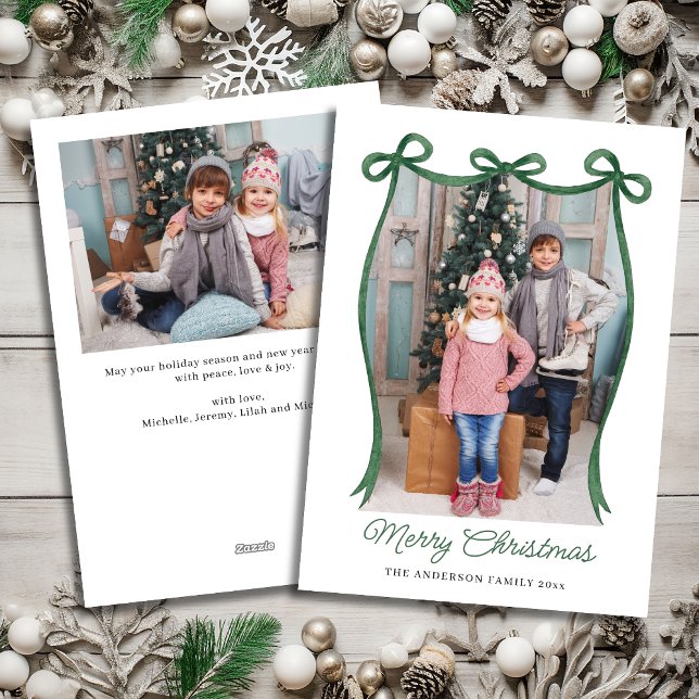Cartes Pour Fêtes Annuelles Green Christmas Ribbon Two-Photo (Green Christmas Ribbon 2 Photo Holiday Card)