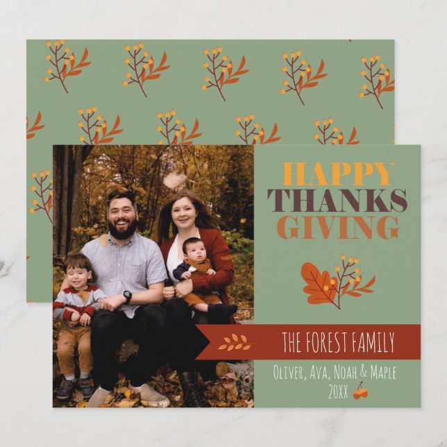 Cartes Pour Fêtes Annuelles Green Fall Thanksgiving Photo Custom (Devant / Derrière)