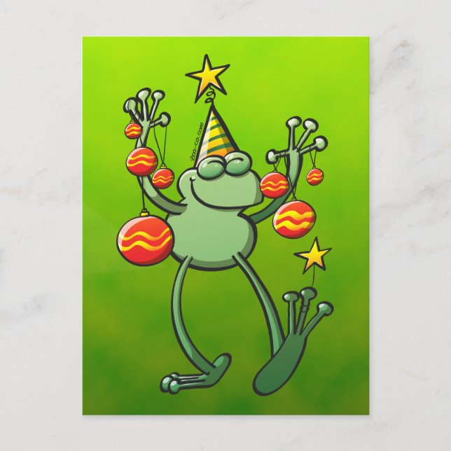 Cartes Pour Fêtes Annuelles Green Frog Celebrating with Christmas Baubles (Devant)