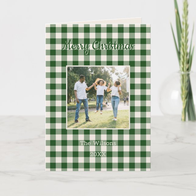 Cartes Pour Fêtes Annuelles Green Gingham Plaid 2 Photo Christmas (Devant)