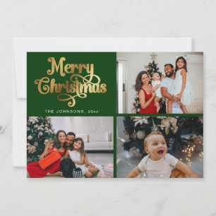 Cartes Pour Fêtes Annuelles Green & Gold Joyeux Noël Famille de photos Collage