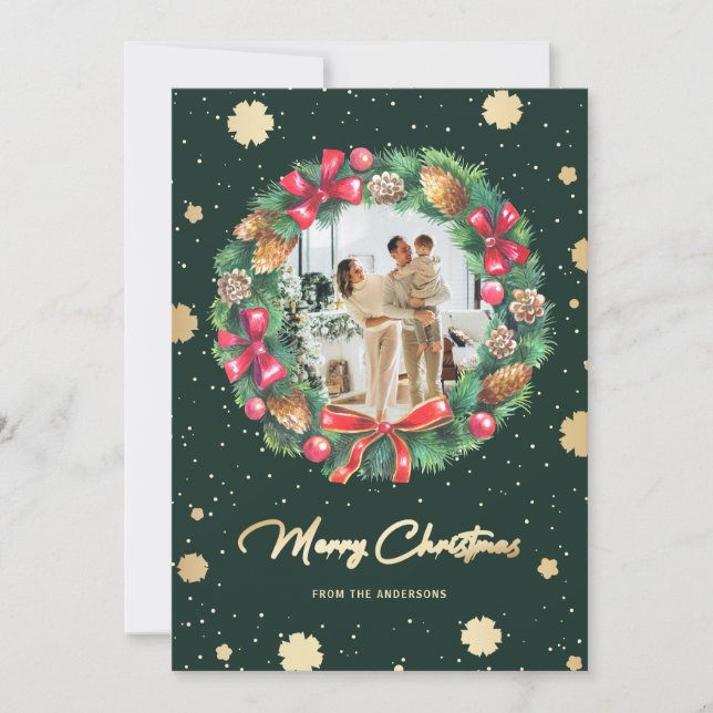 Cartes Pour Fêtes Annuelles Green Gold Snowflakes Wath Photo (Devant)