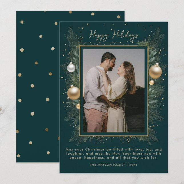 Cartes Pour Fêtes Annuelles Green Gold Winter Botanical Christmas Photo  (Devant / Derrière)