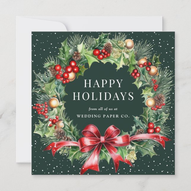 Cartes Pour Fêtes Annuelles Green Holly Berries Botanique Wreath Business (Devant)