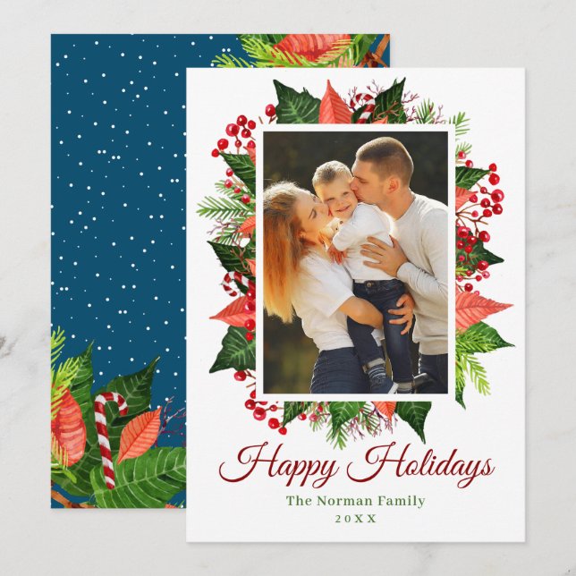 Cartes Pour Fêtes Annuelles Green Holly Berries Joyeuses vacances Photo (Devant / Derrière)