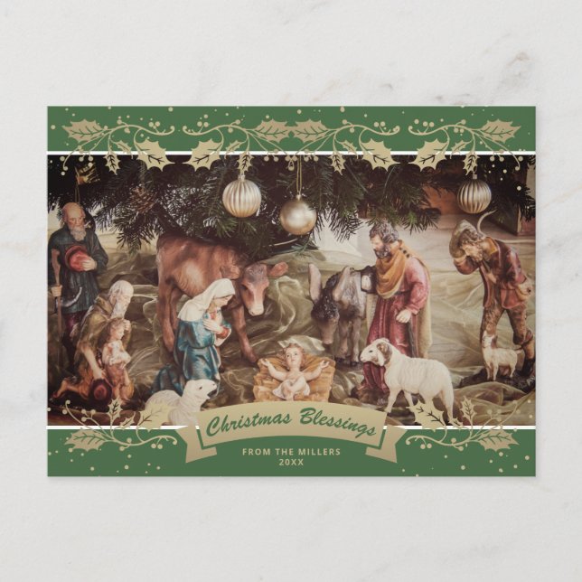 Cartes Pour Fêtes Annuelles Green Holly Nativité Scene Christian Photo (Devant)