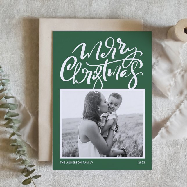 Cartes Pour Fêtes Annuelles Green Modern Calligraphy Photo Joyeux Noël (Créateur téléchargé)