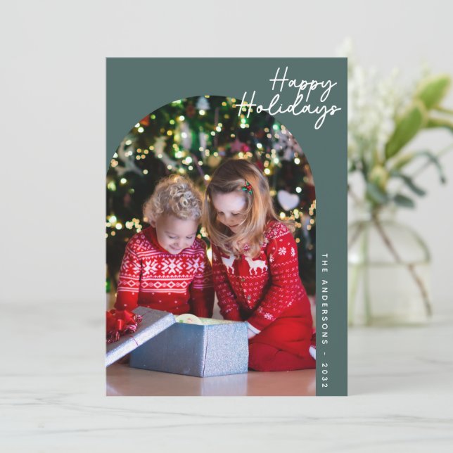 Cartes Pour Fêtes Annuelles Green Modern Joyeux Vacances Arch Photo (Debout devant)
