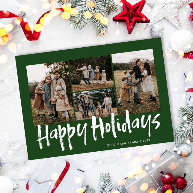 Cartes Pour Fêtes Annuelles Green Modern Lettering Quatre Photo Happy (Créateur téléchargé)
