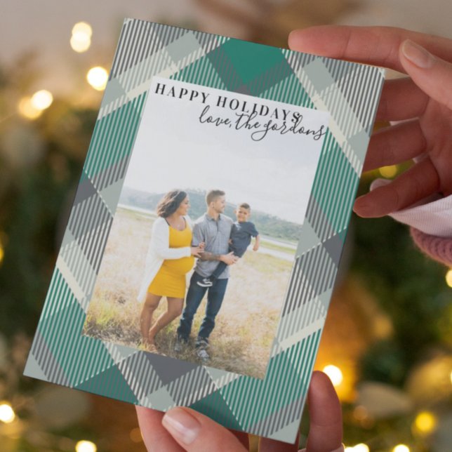 Cartes Pour Fêtes Annuelles Green Modern Plaid Joyeux Vacances Photo (Créateur téléchargé)