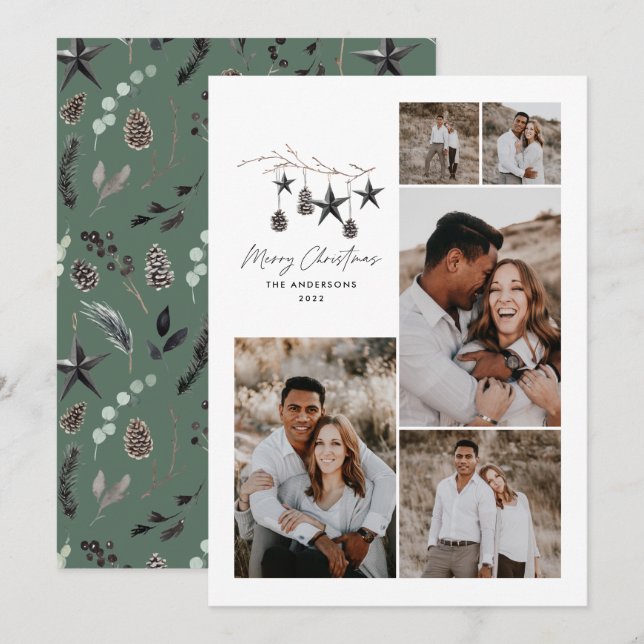 Cartes Pour Fêtes Annuelles Green moderne élégant script Noël multi photo (Devant / Derrière)