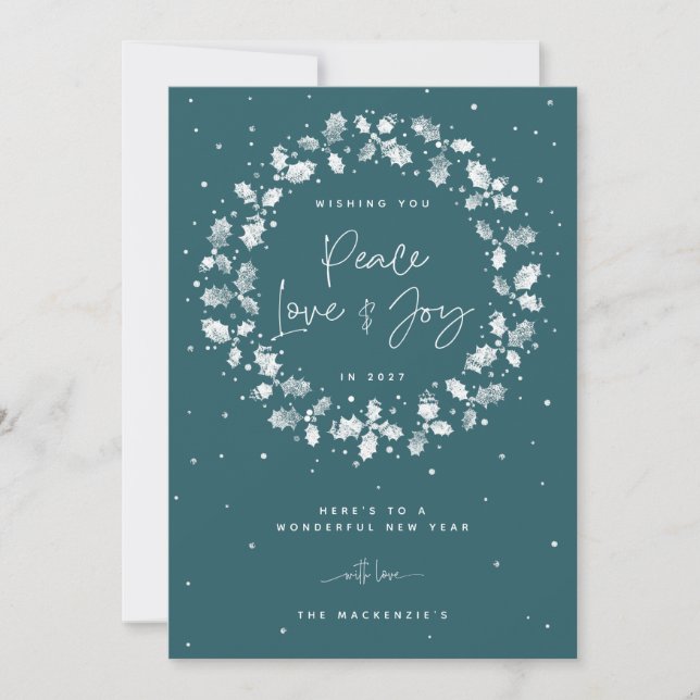 Cartes Pour Fêtes Annuelles Green Peace Love + Joy Hand Imprimé Holly Wreath (Devant)