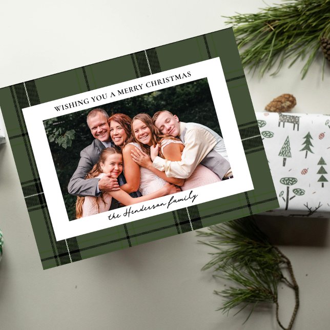 Cartes Pour Fêtes Annuelles Green Plaid Custom Horizontal Photo Christmas  (Créateur téléchargé)