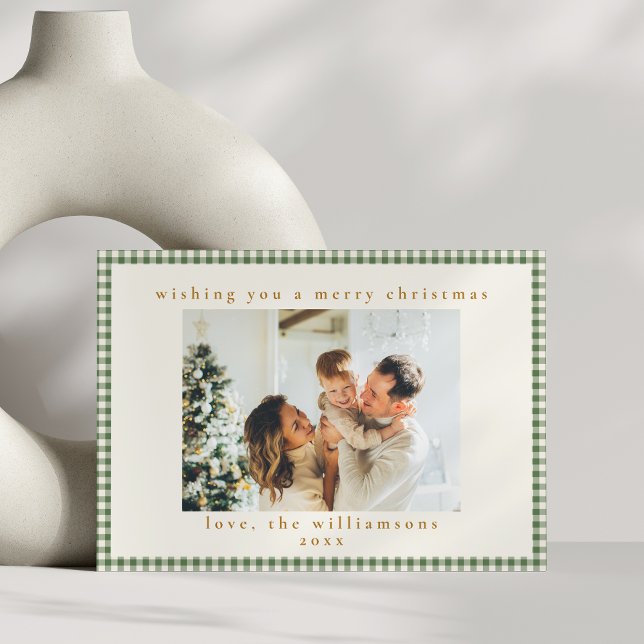 Cartes Pour Fêtes Annuelles Green Plaid Custom Two Horizontal Photo Noël (Créateur téléchargé)