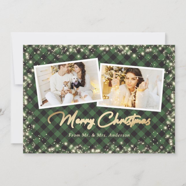 Cartes Pour Fêtes Annuelles Green Plaid Gold Newlyweets Photo Joyeux Noël (Devant)